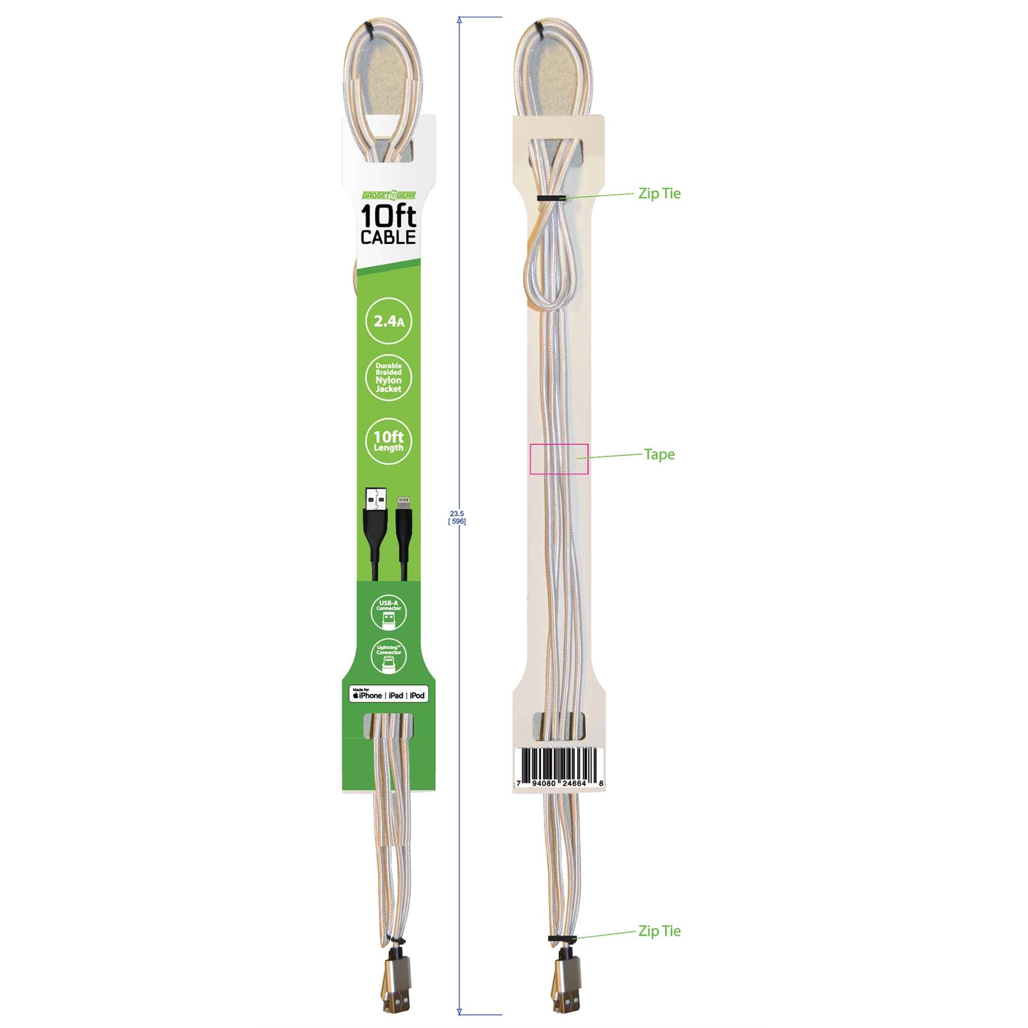 Charging Cable USB to Lightning 10FT 2.4 Amp - 8 Pieces Per Pack 24664
