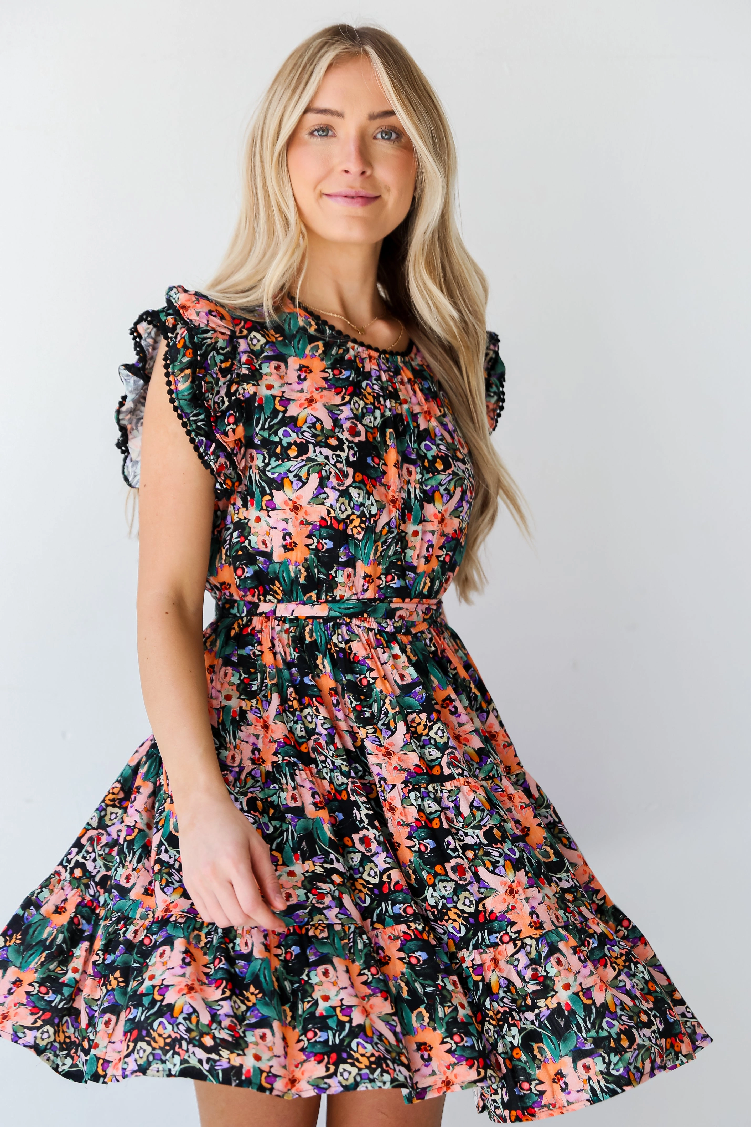 FINAL SALE - Moment Of Beauty Black Tiered Floral Mini Dress