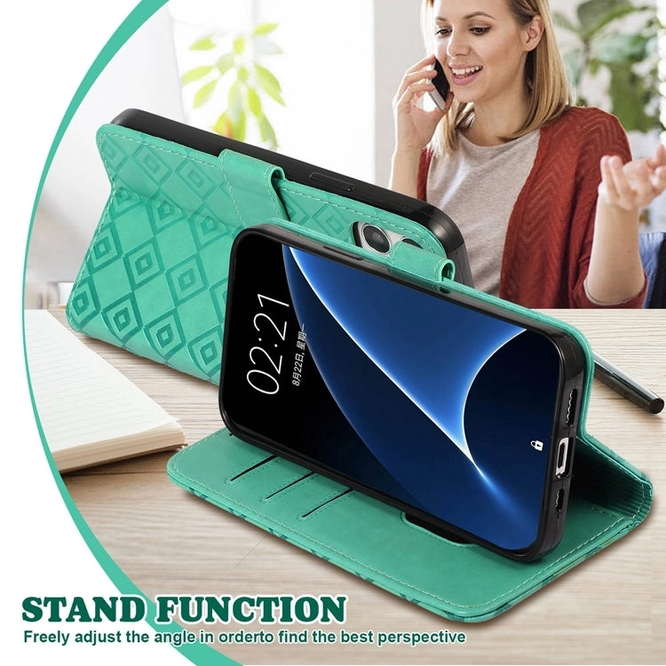 For Samsung Galaxy S21  5G Embossed Big Small Concentric Squares Pattern Horizontal Flip Leather