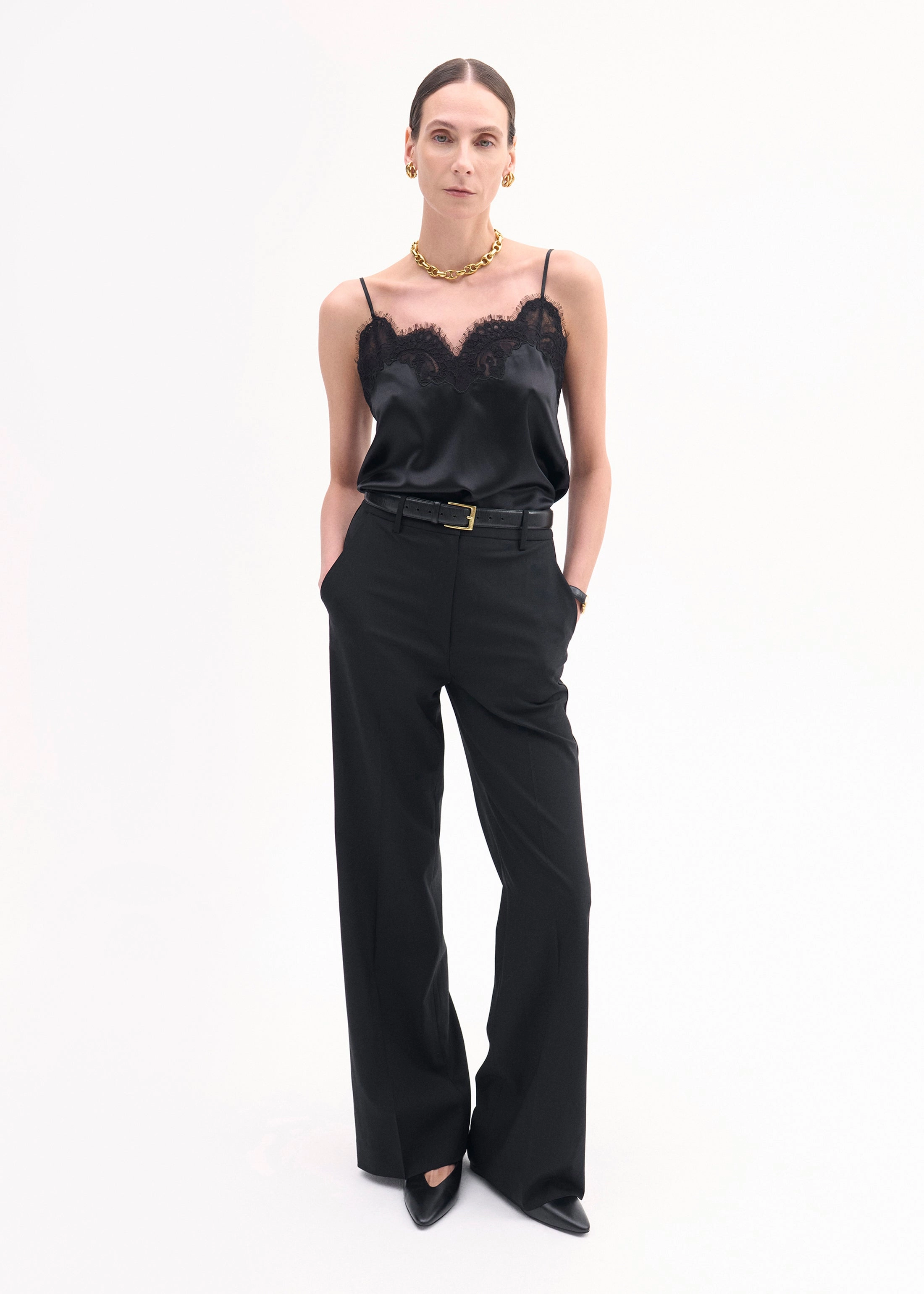 Lace Camisole in Silk Satin - Black