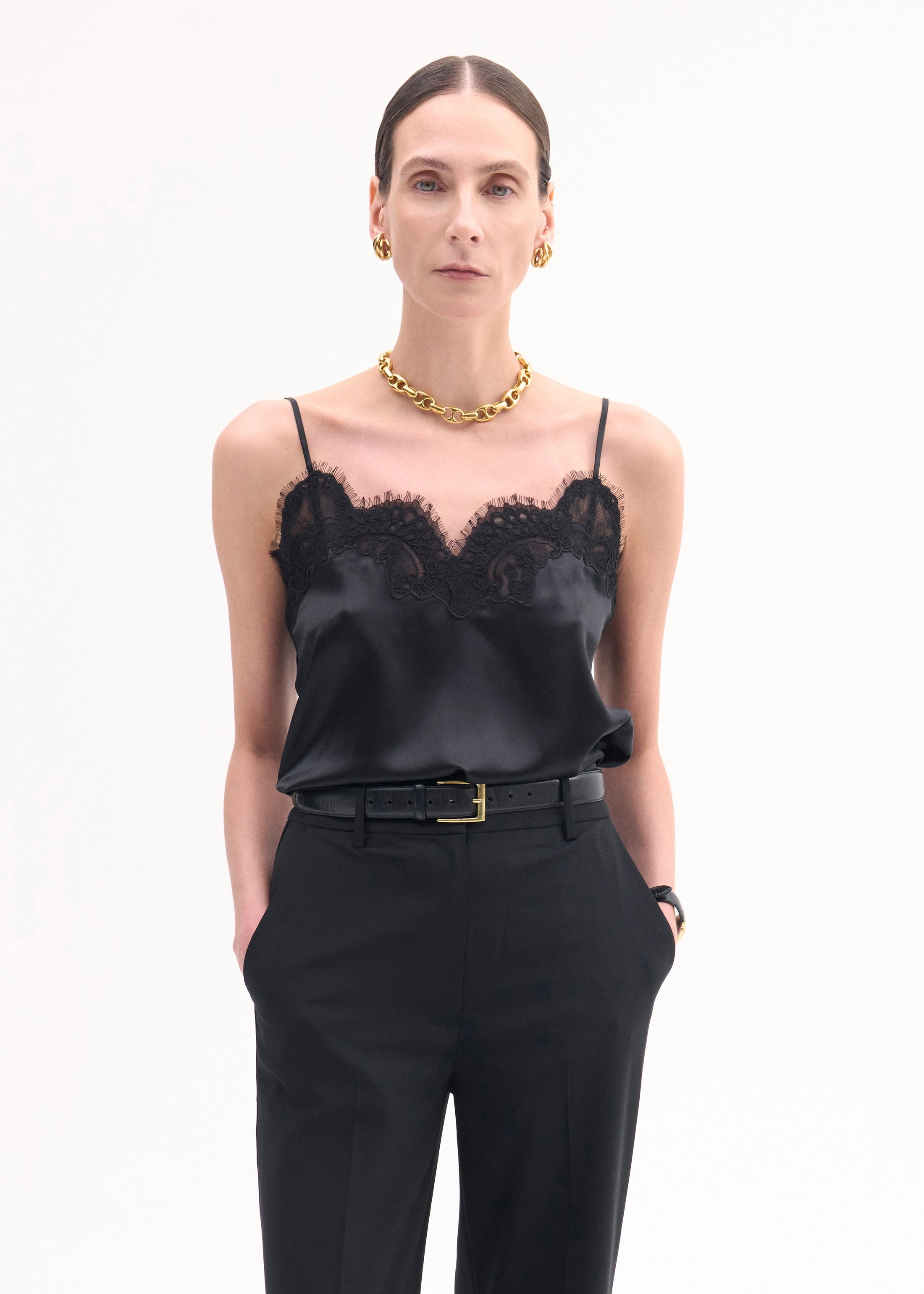 Lace Camisole in Silk Satin - Black