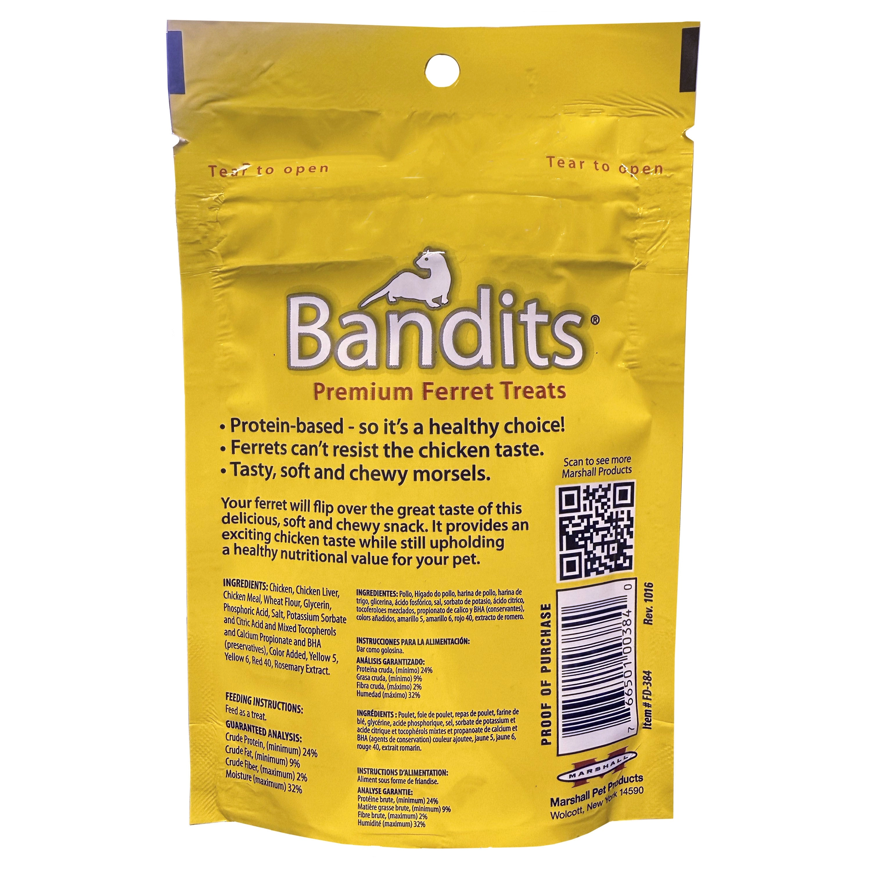 Marshall Bandits Ferret Treat, Chicken Flavor, Dry, 3 oz Bag