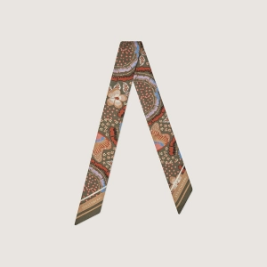 Silk Skinny Scarf - Embroidery Print Khaki/Caramel