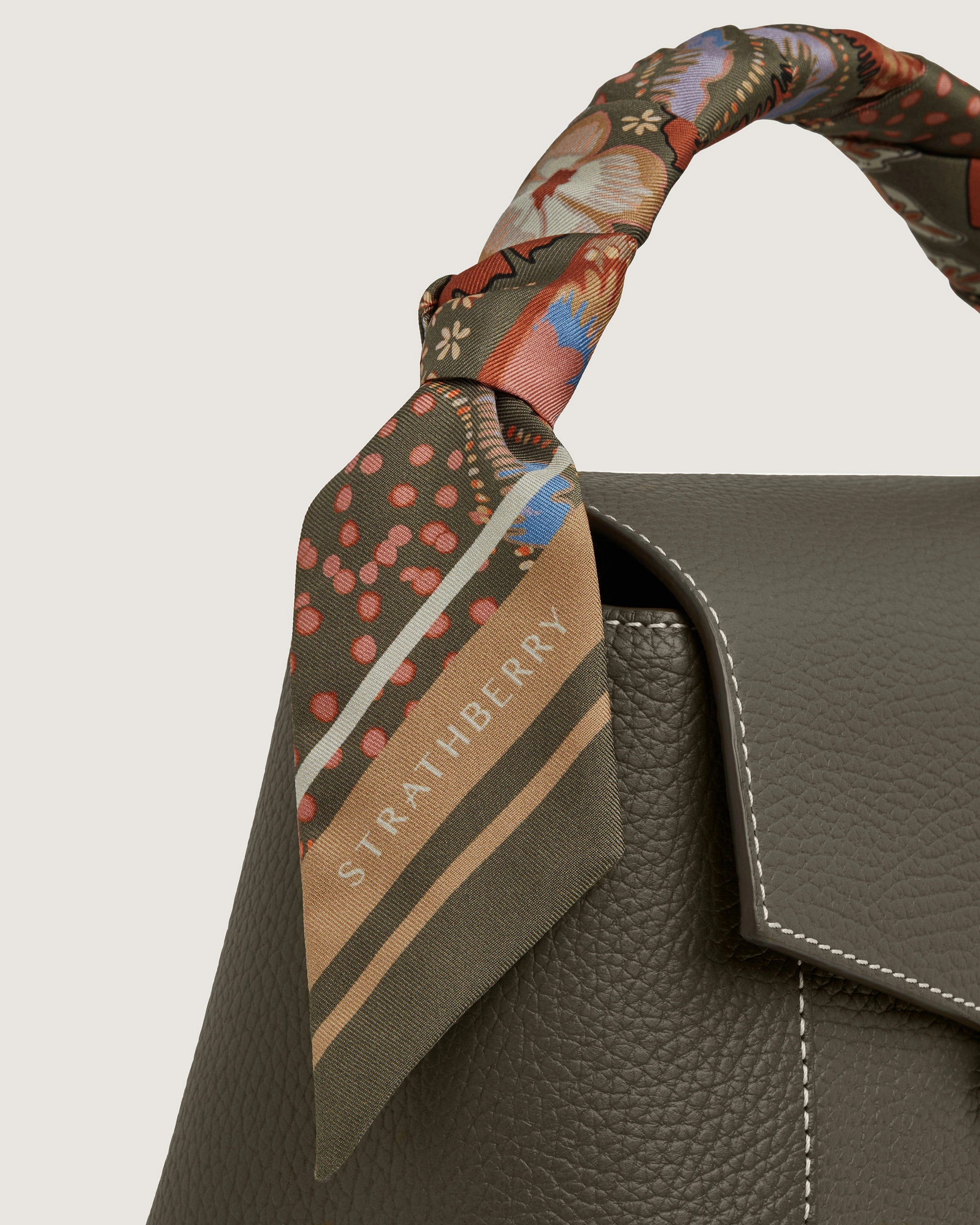 Silk Skinny Scarf - Embroidery Print Khaki/Caramel