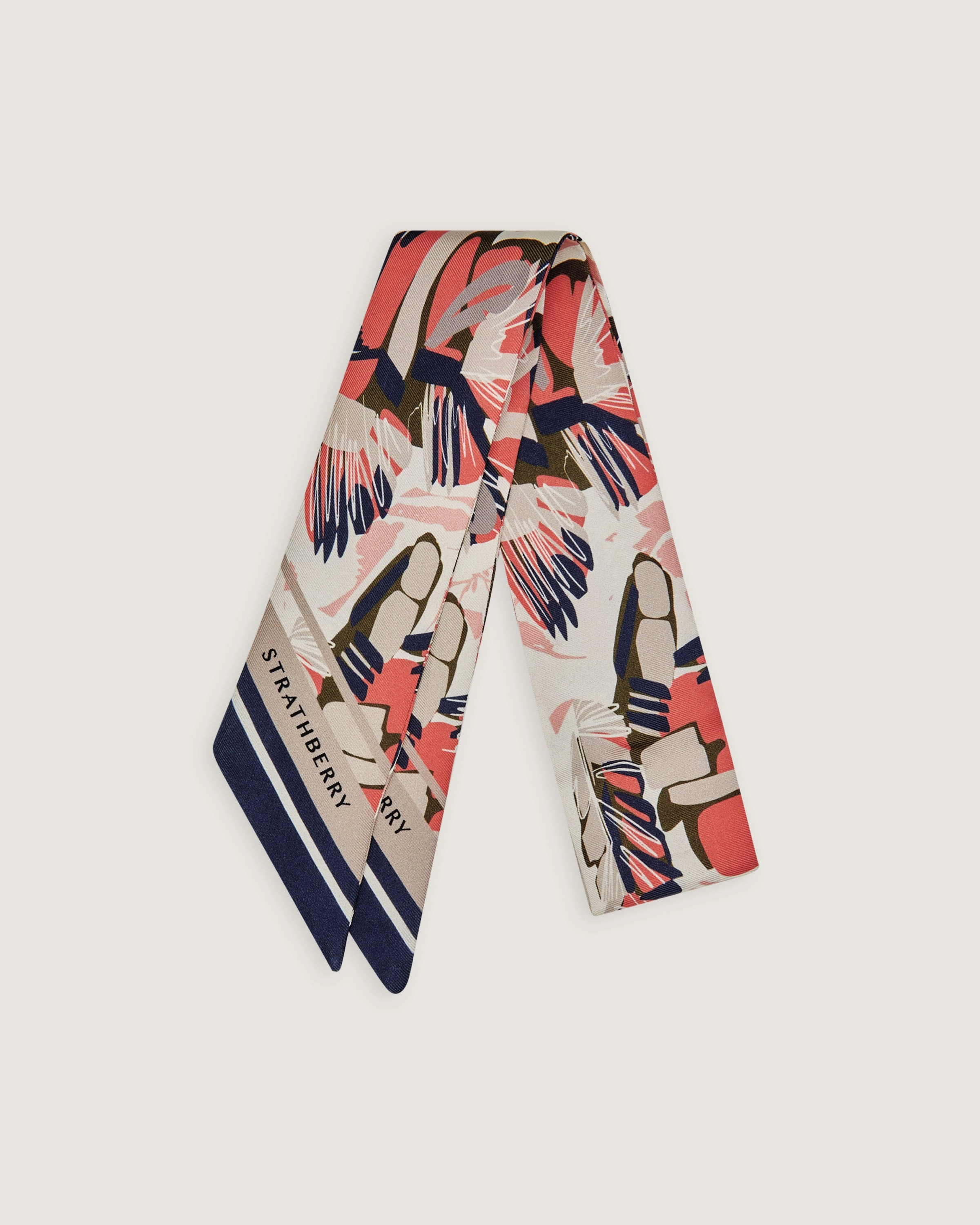 Silk Skinny Scarf - Palm Print Coral/Navy/Vanilla