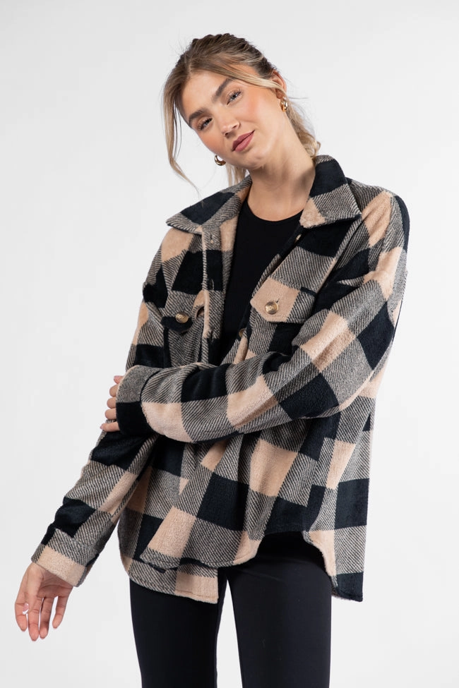 Wind Down Black and Tan Fleece Plaid Shacket FINAL SALE