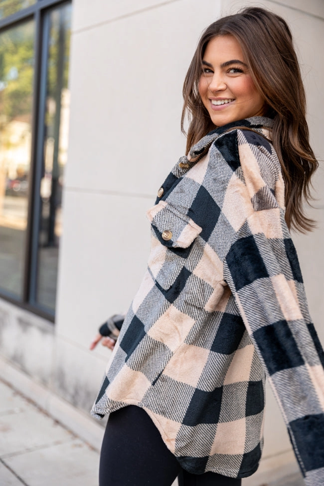 Wind Down Black and Tan Fleece Plaid Shacket FINAL SALE