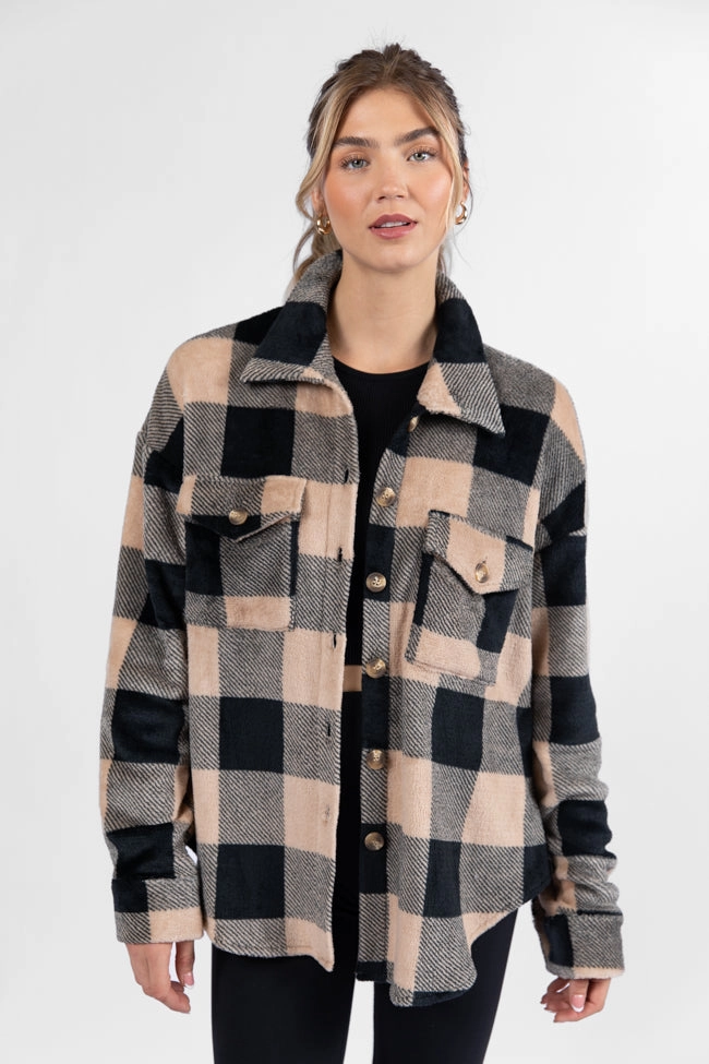 Wind Down Black and Tan Fleece Plaid Shacket FINAL SALE