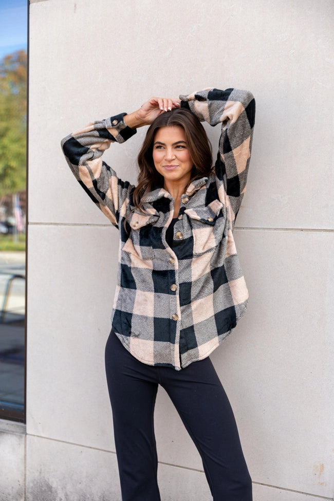 Wind Down Black and Tan Fleece Plaid Shacket FINAL SALE