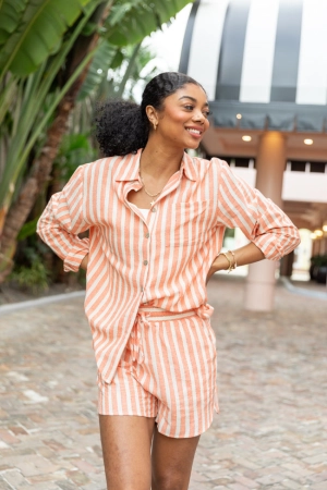 With The Tide Coral Striped Button Up Top SALE