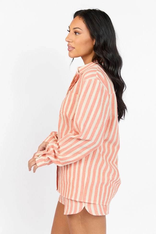 With The Tide Coral Striped Button Up Top SALE