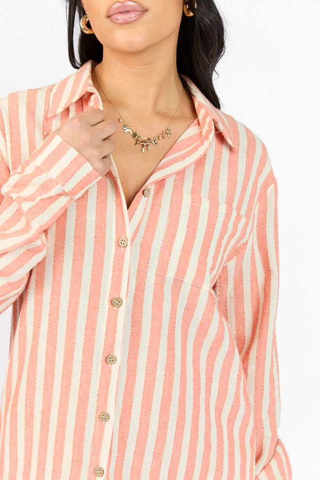 With The Tide Coral Striped Button Up Top SALE