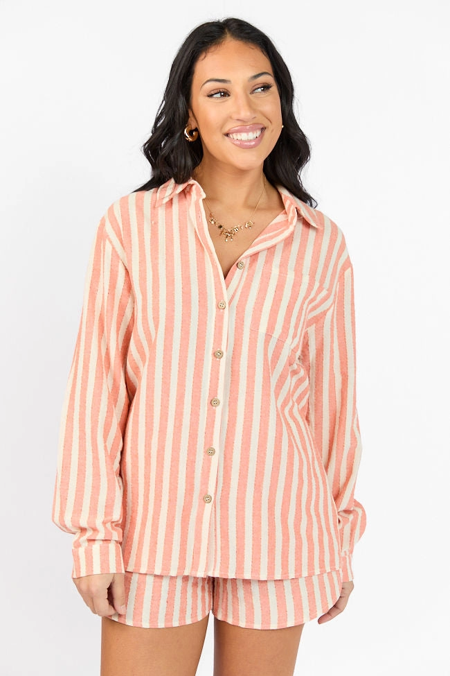With The Tide Coral Striped Button Up Top SALE