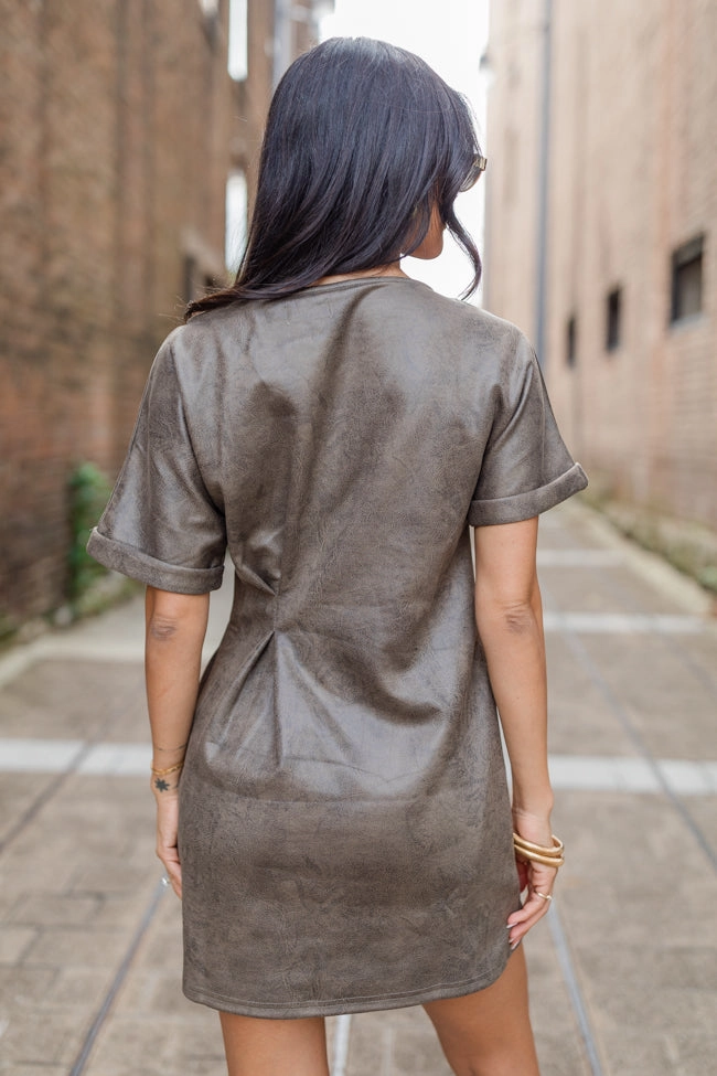 You Deserve It Mushroom Faux Leather Cinched Mini Dress FINAL SALE