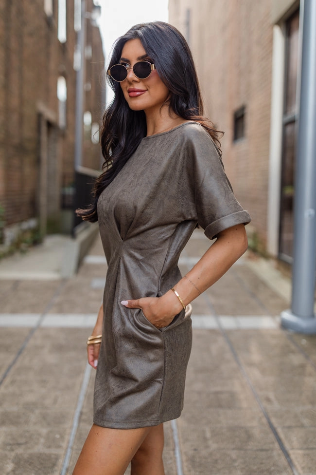 You Deserve It Mushroom Faux Leather Cinched Mini Dress FINAL SALE