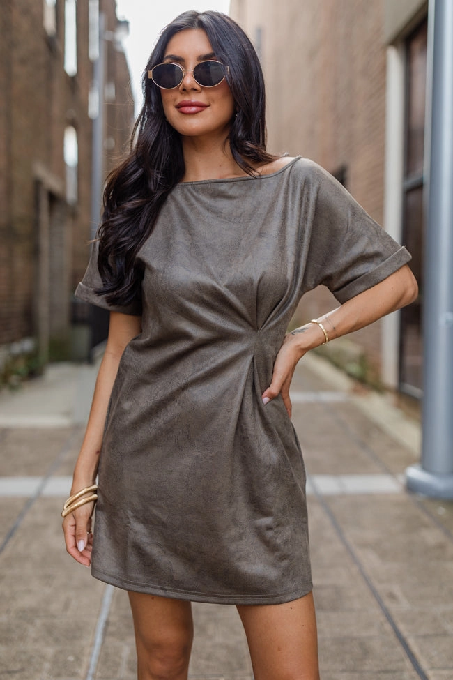 You Deserve It Mushroom Faux Leather Cinched Mini Dress FINAL SALE